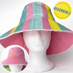 Kerri Rosenthal Reversible Bucket Hat Pink Anchor Striped Wide Brim Cotton EUC